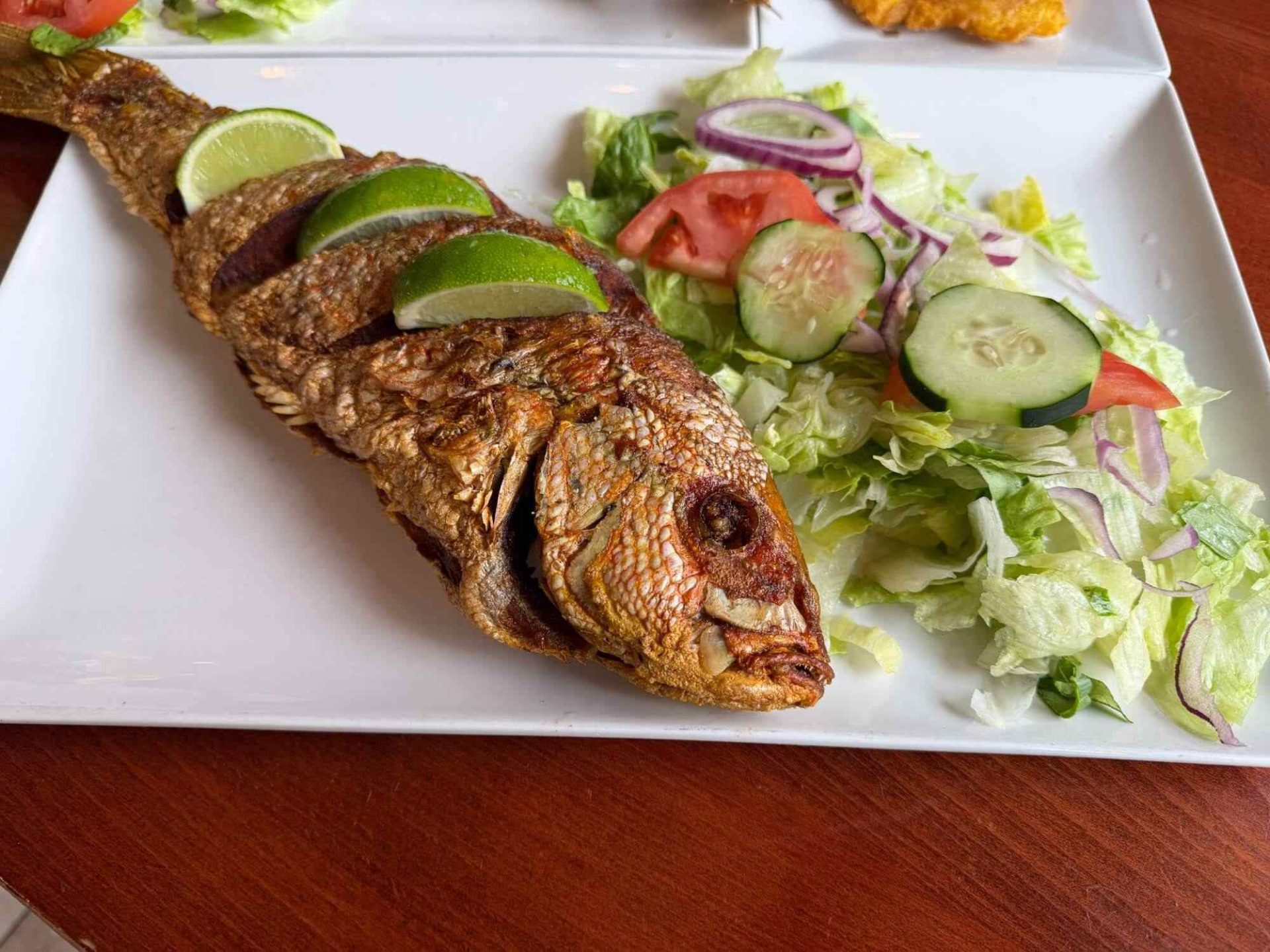 A whole fried fish garnished with lime slices, served with a side salad of lettuce, cucumber, tomato, and red onion on a white plate.