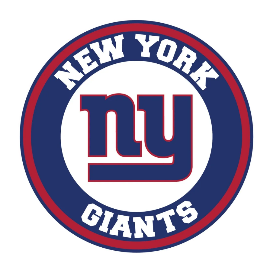 New York Giants logo with red-outlined “ny” in blue, centered in a blue ring with “New York Giants” in white text.