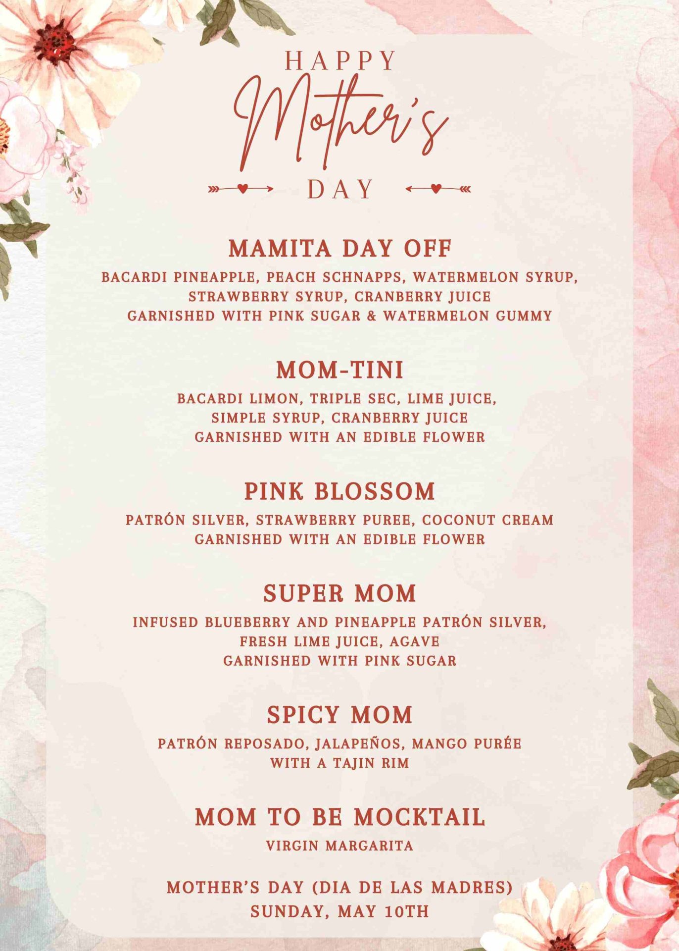 Mother’s Day cocktail menu with floral border, listing drinks like Mamita Day Off, Mom-Tini, Pink Blossom, Super Mom, Spicy Mom, and a mocktail, with ingredients under each.