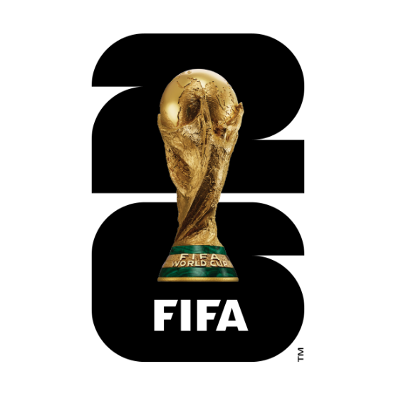 FIFA World Cup trophy centered over a black stylized number "26" with "FIFA" written below, representing the 2026 FIFA World Cup logo.