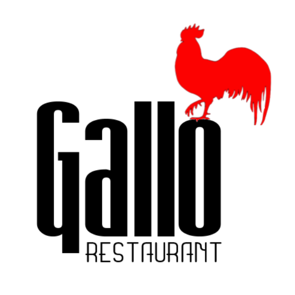 Logo for Gallo Restaurant featuring a red rooster silhouette perched above the bold, black text "Gallo" with "Restaurant" in smaller letters below.